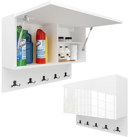 Milionmeblicom Badezimmerschrank mit schwarzem Doppelhaken Paula Hängeschrank Badezimmermöbel Klappbarer Badezimmer Wandschrank Teleskopöffnung - Mattweiß/Front : Weiß Hochglanz, Maße 39 x 80 x 23 cm
