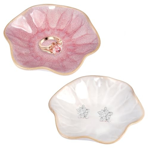 2 Pièces Ceramique Coupelle Bijoux, Forme de Fleur Plateau Bijoux, Rangement Sallede Bain Coupelle Decorative, Petit Anneau Plaque, Jewellery Decorative Ceramique Bowl, pour Bibelot, Bague, Chambre