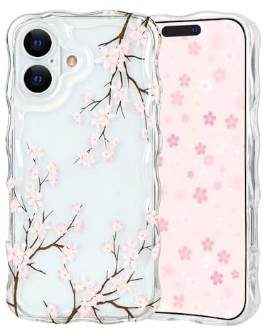 xoniery for iPhone 16 Case Cute Clear Floral Flower Pattern Aesthetic Design Wavy Case for Women Girl Soft Slim Anti-Yellowing TPU Shockproof Protective Transparent Cover - Pink Flower