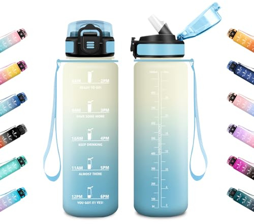 JAPORIA Trinkflasche 1L, Auslaufsicher, Wasserflasche mit Strohhalm, Kohlensäure Geeignet, Sportflasche mit Zeitmarkierung, für Schule, Yoga