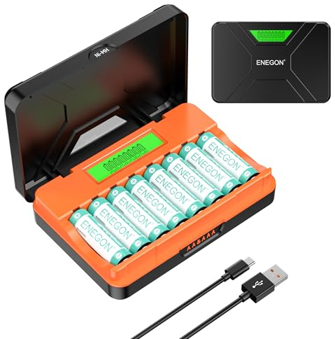 ENEGON Chargeur Rapide 8 Logements pour Piles AA/AAA avec Écran LCD + 8 Piles AA Ni-MH (2400mAh), Station de Charge et Stockage USB-C – pour Souris,Jouets et Électronique