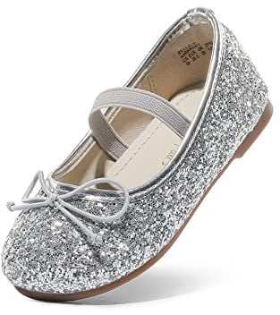 DREAM PAIRS Girls Flat Shoes Glitter Bow Party Wedding Flower Sparkly Ballet Flats,Silver Size 9 UK Child