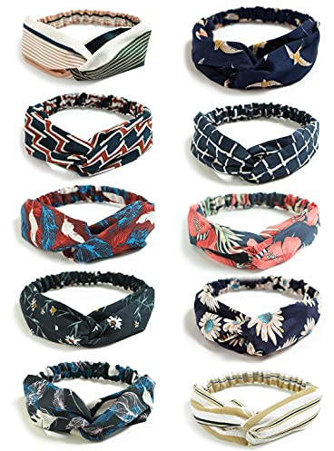 DRESHOW 10 Stück Damen Boho Stirnband Kopfband Haarband Gedruckt Stirnbänder Knoten Verdrehtes Elastische Kopf Wickeln Niedlich Haarschmuck für Mädchen