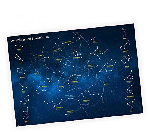 Kinder Lernposter Sternbilder und Sternzeichen - Wanddeko Kinderzimmer Sternenhimmel Deutsch und Latein - Größe DIN A3-420 x 297 mm