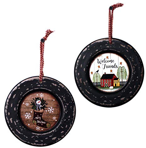 CVHOMEDECO. Primitives - Platos decorativos rústicos para colgar en la pared, diseño de árbol de Navidad, 15,7 cm, juego de 2 (bota y granja)