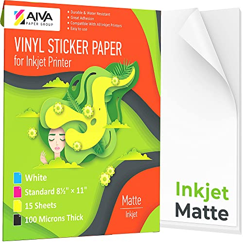 Papel adhesivo de vinilo imprimible para impresora de inyección de tinta, blanco mate, 15 hojas autoadhesivas, papel adhesivo impermeable, tamaño carta estándar de 8.5 x 11 pulgadas