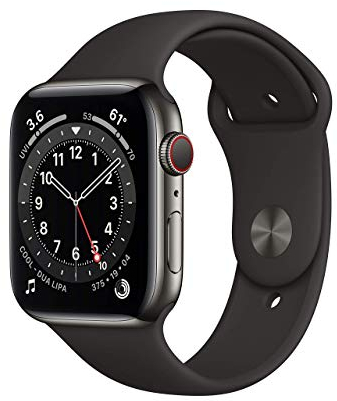 Apple Watch Series 6 (GPS + Zellular, 44MM) Edelstahlgehäuse Graphit mit Schwarz Sportarmband (Generalüberholt)