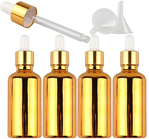 TIANZD 4 Pièces 50ml Flacons en Verre Or avec Pipettes, 50 ml Bouteilles Compte-gouttes en Verre Vides avec Bouchon à Vis Or Pour Les Huiles Essentielles Aromathérapie