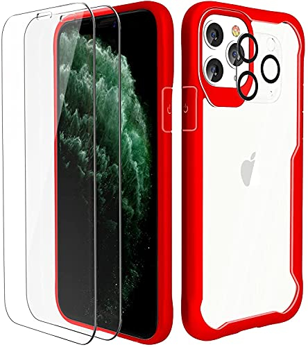 ORETECH Funda Antichoque Transparente para iPhone 11 Pro, con [2X Vidrio Cristal Templado y 1x Cámara Protector de Pantalla] Silicona Bumper Carcasa Anti-Arañazos Rubber Caso para iPhone 11 Pro, Rojo