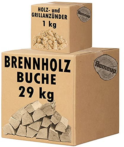 Set Anzündwolle und Brennholz Kaminholz Holz 29 kg Buche 1 kg Anzündwolle Ofen Kamin Kaminofen Feuerschale Grill Feuerholz Outdoor Feuer Wachs Flameup