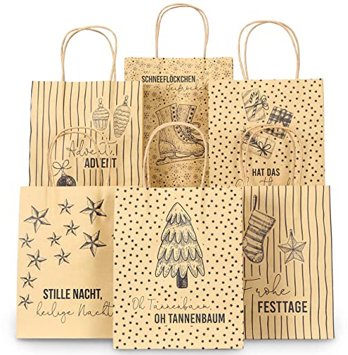 Papierdrachen 6 Bedruckte Henkeltüten zu Weihnachten - Braun mit Schwarz - 22x18x8cm - weihnachtliche Geschenkverpackung - Geschenktüten Set 1