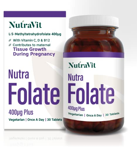 NutraFolate - 400mcg Folic Acid Tablets for Pregnancy and Pre-Pregnancy - Contains Vitamins D, C and B12 - Folate L-Methylfolate Supplement - Suitable for Vegetarians - 30 Tablets - NutraVit