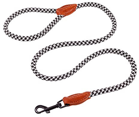 AllPetSolutions Rope Dog Lead - Heavy Duty Walking, Running, Outdoor Training Lead for Dogs - Anti-Tangle Leash with 360 Hook, Strong Clip, Easy Grip Loop Handle - Black/White, Braided Nylon, 120cm
