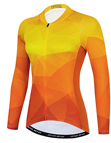 Damen Radtrikot Langarm Fahrrad Bekleidung Sport Tops, Orange/Abendrot im Zickzackmuster (Sunset Chevron), XX-Large