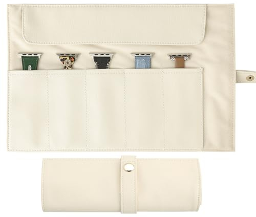 GELVTIC Uhrenarmband-Etui, Organizer aus Leder, für 5 Uhrenarmbänder, Aufbewahrungsboxen für Männer und Frauen, tragbare Organizer, Tasche kompatibel mit Apple Watch Armband (WBC01-Beige)