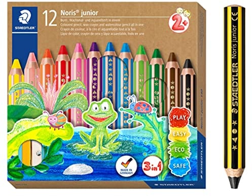 STAEDTLER 3in1 Buntstifte und Kinder Bleistift Noris junior, Bunt-, Wachsmal- und Aquarellstift, sehr dicke Mine, extra bruchsicher, ideal für Kinder, 12 Farben, Spitzer und Bleistift, 140 C12P1X
