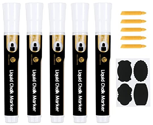welsberg 5 Rotuladores de Tiza Líquida Blanca con Punta Reversible Gruesa/Biselada 5 mm, Marcadores de Tiza Líquida con 16 Etiquetas y 5 Extra Puntas para Pizarras, Ventanas, Vidrio, Jumbo Tinta 10gr