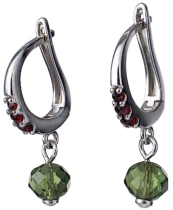 Böhmische Granat- und Moldavit-Ohrringe aus Sterlingsilber mit englischem Schloss, Edelstein-Ohrringe – Schmuckkollektion, Edelstein-Metall, Granat, Edelstein-Metall, Granat