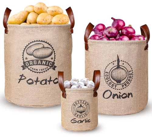 Kamehame Potato and Onion Storage Bags Garlic Storage Keeper Bag 3 Pcs Lined Burlap Pantry Storage Bin Basket