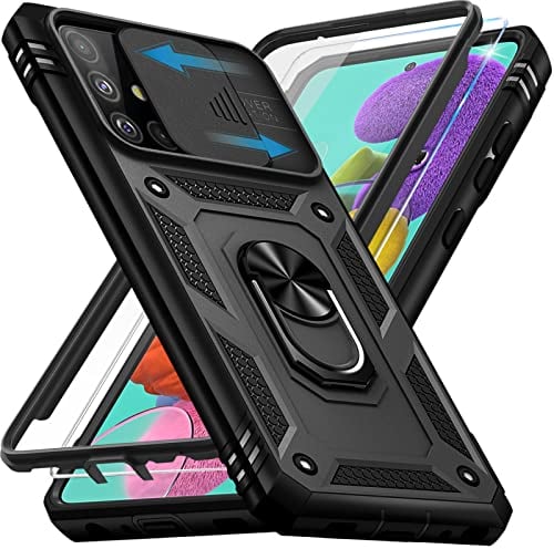 Handyhülle für Samsung Galaxy A51 Hülle mit Schutzfolie (Nicht für A51 5G) Galaxy A51 4G Schutzhülle mit Kameraschutz 360° Drehbarer Metall Ring Ständer Stoßfest A51 6.5 Case (Schwarz)