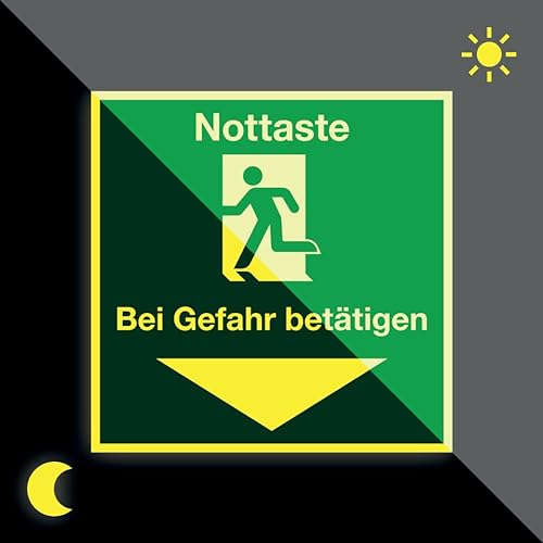 Aufkleber | PERMALIGHT power langnachleuchtend Rettungszeichen Nottaste bei Gefahr betätigen, DGUV, Folie, 70x70mm
