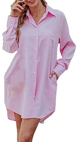 Hamthuit Camicie lunghe autunnali per le donne Camicie lunghe casual bianche a righe, rosa, XL