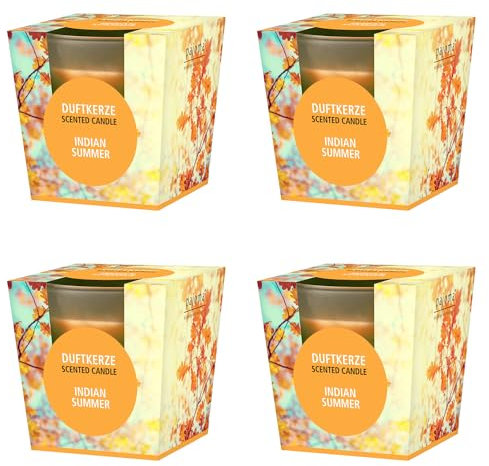 pajoma® Duftkerze 4er Set, Indian Summer - im satinierten Glas | 4x 120g Wachsgewicht, Brenndauer: 25 Stunden, in edler Geschenkverpackung | Premium Qualität
