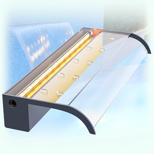 LONGRUN 60cm Teich Wasserfall Klingen Set, Acryl Gebogener Wasserfall Überlauf, Außenpool Brunnen mit 7 Farben Bluetooth LED Lichtern und Fernbedienung, Breite 26cm