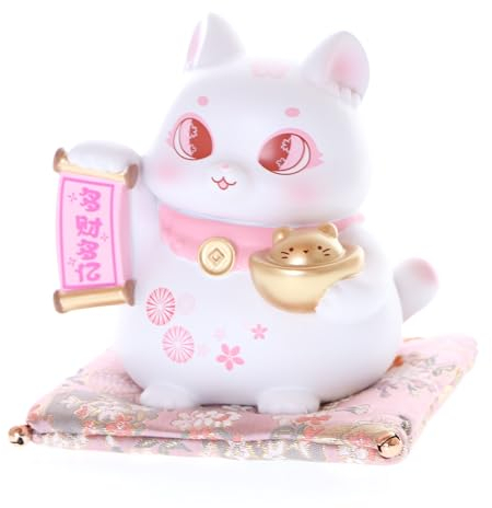 Kawaii-Story DH-001-2 Rosa Maneki-Neko Glückskatze Winkekatze mit Sitzkissen Glücksbringer Tischdekoration Asia Deko Katze 11cm