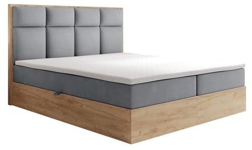 TRADA Boxspringbett mit Bettkasten 160x200 Schlafzimmer Komplett Selva 9-zonen mit Taschenfederkern Matratze und Topper mit Kopfteil Samt (Grau, 160 x 200 cm)