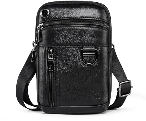 katloo Echtes Leder Doppel Taschen Gürtel Tasche Handy Holster für iPhone/Samsung Kleiner als 7 Zoll Handy Umhängetasche für Männer (Schwarz)