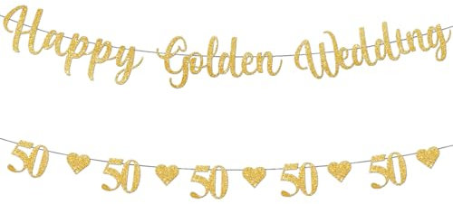 50th Golden Wedding Anniversary Decorations - Set of 2 Glitter Golden Anniversary Bunting Banners for Party