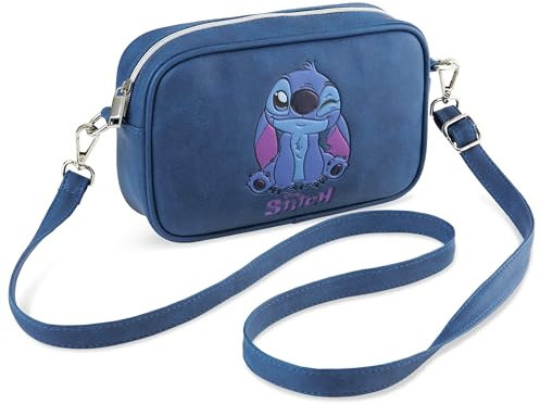 Disney Stitch Kleine Umhängetasche Shoulder Bag mit Abnehmbarem Gurt, Innenfach & Zip(Blau)