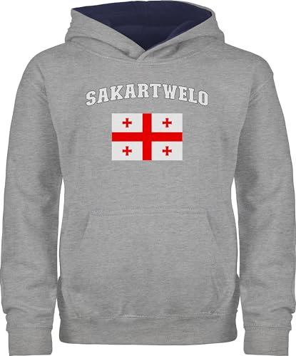 Shirtracer Pullover Kinder Hoodie Jungen Mädchen - Fußball EM WM - Sakartwelo Schriftzug mit Flagge | Sakartvelo | Georgia | Georgien | Georgisch - 140 (9/11 Jahre) - Grau meliert/Navy Blau