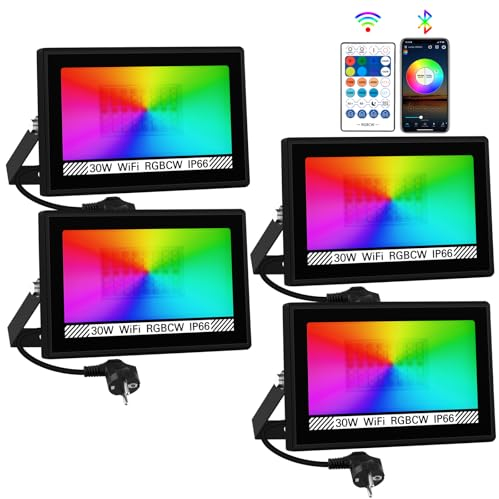 RGB LED Strahler Außen, T-SUNUS 30W LED RGB Strahler Outdoor Farbe WiFi RGB LED Fluter mit APP Bluetooth Fernbedienung IP66 Wasserdicht für Garten Party Garage 4 Stück
