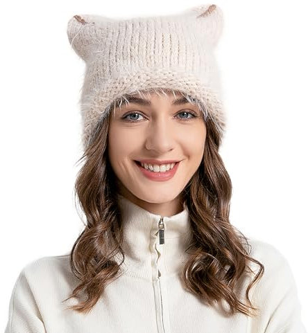ZLYC Damen Katzenohr Slouchy Strickmütze Grunge Niedlich Wintermütze(Einfarbig Beige),Einheitsgröße