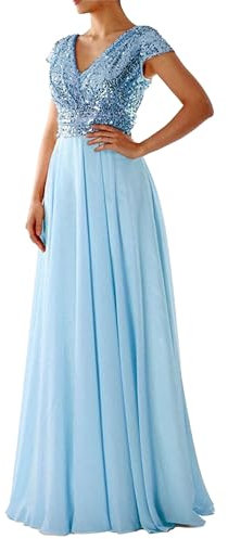 OULIWANGLUO Damen V Ausschnitt Pailletten Lange Abendkleid Sexy Elegant Hochzeit Cocktailkleid Lang Hochzeitsgast Partykleid Maxi Kleider (Hellblau,XL)