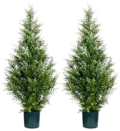 Leflos Artificial Cedar Topiary Trees, 90CM Faux Cypress Christmas Trees Outdoor, UV Resistant Fake Pine Trees, 3ft Fake Evergreen Potted Plants For Home Front Porch Door Decor, Set Of 2