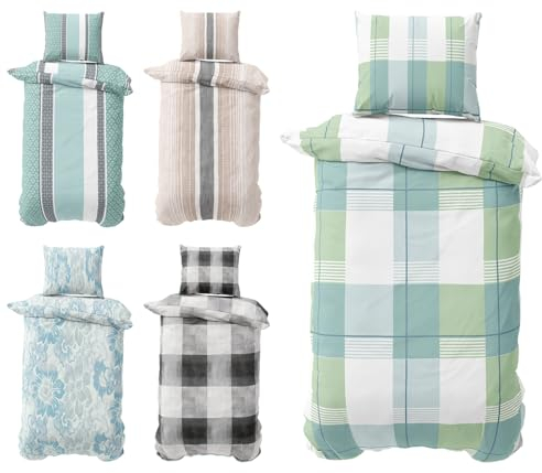 Visaggio Biber Bettwäsche 155x220 cm Feinbiber Bettbezug Winterbettwäsche Kissenbezug 80x80 cm gestreift Grün Petrol 2teilig