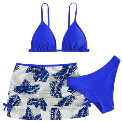 Maillot De Bain Enfant Fille Triangle 6-16 Ans Ensembles de Bikini 3 Pieces Haut De Maillot De Bain Rembourré + Tanga Ado Fille Tropical Plage Piscine Natation Vacances (14-16 Ans, Bleu-1)