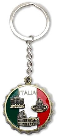 Porte-clés multifonctionnel avec tire-bouchon - Icônes de Rome (Colisée, Fontaine de Trevi, Saint Pierre) sur Fond Drapeau Italien (BRONZO)