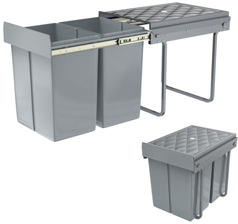 YUENFONG Einbaumülleimer 2 Fächer 2x15 Liter, Unterschrank Abfallsammler Mülleimer mit Teleskopschienen Ausziehbarer Mülltrennsystem Abfalleimer, 48 x 34,2 x 35,1cm