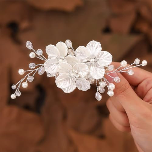 Evlry Braut Haarschmuck Weiß Blumen Hochzeit Haarspange Perlen Haare Brautschmuck für Damen und Mädchen