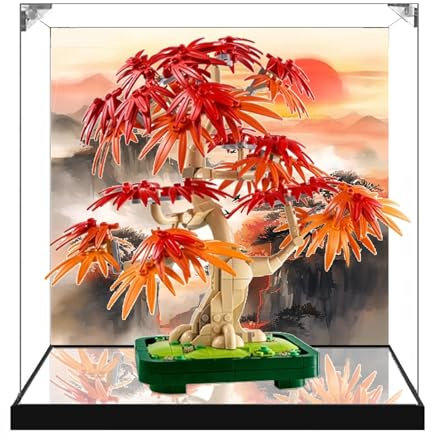Acrylic Display Case for Lego 10348 Red Maple Tree Bonsai Model, Dustproof Transparent Display Case, Model Collection Display Case (Model not Included) (Mirror Base+Background)