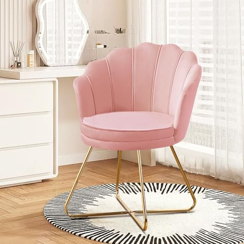 Hellove Sedia Trucco, Poltrona Conchiglia in Velluto con Placcato Oro Metallo Gambe, Moderno Poltrona Salotto con Seduta Morbida Imbottita per Camera da letto/Soggiorno/Vanità, Rosa