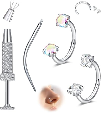 MODRSA 2PCS Horseshoe Nose Ring Septum Piercing Jewellery, 18G 8mm Zircon Nose Hoops Labret Studs Helix Tragus Earring Jewellery with Piercing Ball Grabber Silver
