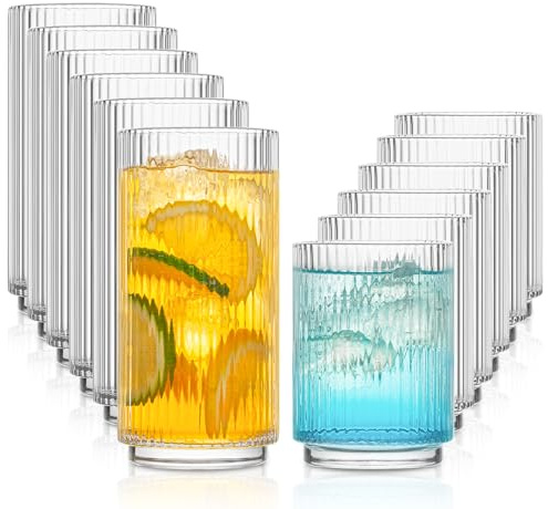 INSETLAN Ribbed Drinking Glasses Set of 12, 6pcs 355ml Highball Glasses & 6pcs 235ml Rocks Glasses – Stackable Water Glass Cups for Everyday Use for Juice, Cocktail, Restaurants, Home Bar