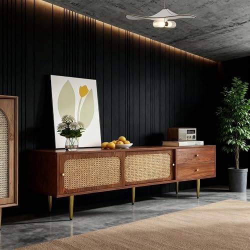 TV-Schrank mit Rattan-Schiebetüren »Natural« – Stilvoller TV-Ständer in Nussbaum-Optik (160x40x60 cm) mit 2 Schubladen & 4 Fächern – Praktischer Aufbewahrungsschrank fürs Wohnzimmer