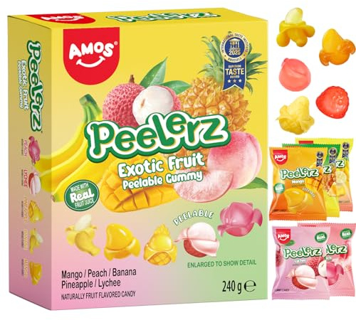 AMOS Peelerz Peelable Gummy Candy, 5 Fruit Flavors Sweets Gift Box 240g | Featuring Mango, Peach, Banana, Pineapple & Lychee Flavors. Individually Wrapped Real Juice Candy for Fun Family Snacking.