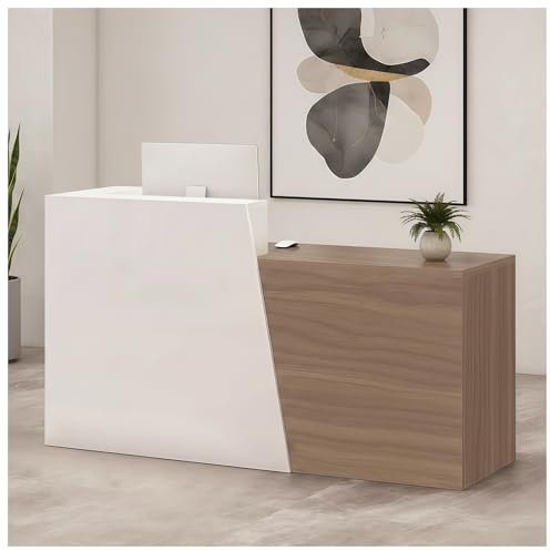 POPICK Empfangstheke, Moderner Empfangstresen mit Schublade und Ablagefächern, Stabile Bürotheke Rezeptionstisch Verkaufstheke für Salon, Geschäft, Hotel, Café, Praxis(White+Light Brown/Left,100cm)